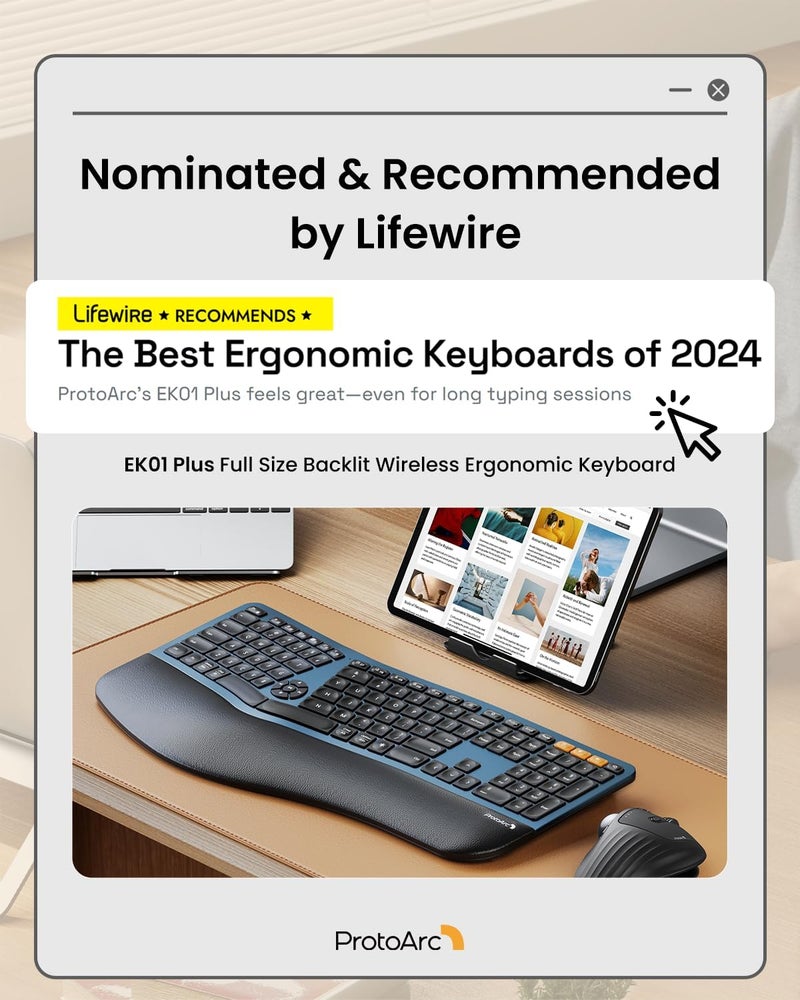 ProtoArc Backlit Bluetooth Ergonomic Keyboard, EK01 Plus Full Size Wireless Split Keyboard with Dual Bluetooth and USB, Cushioned Wrist Rest, Rechargeable, Compatible with Windows/Mac/Android, Blue - Image 2